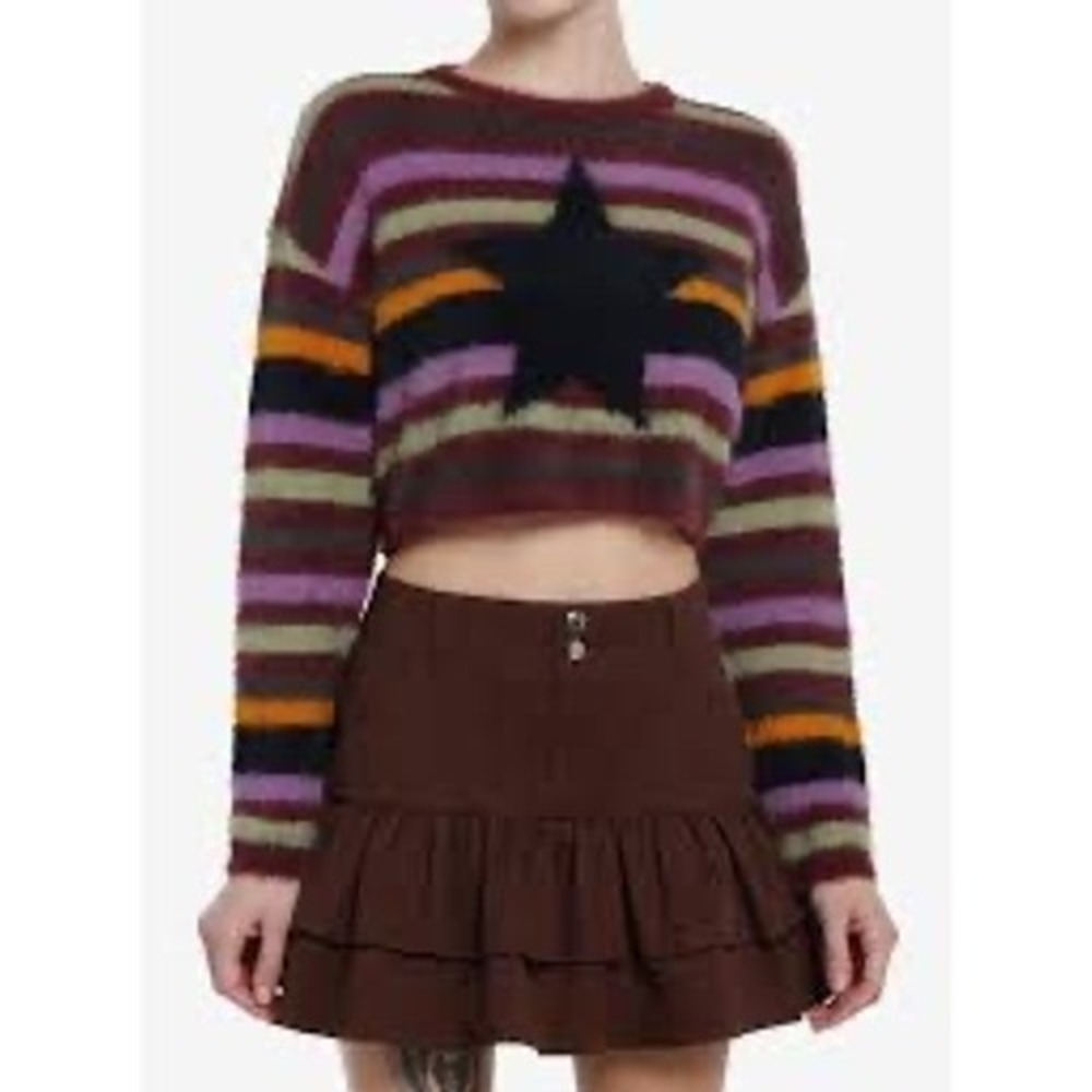 Social Collision Fuzzy Multicolor Stripe Star Girls Crop Sweater LG Large Used